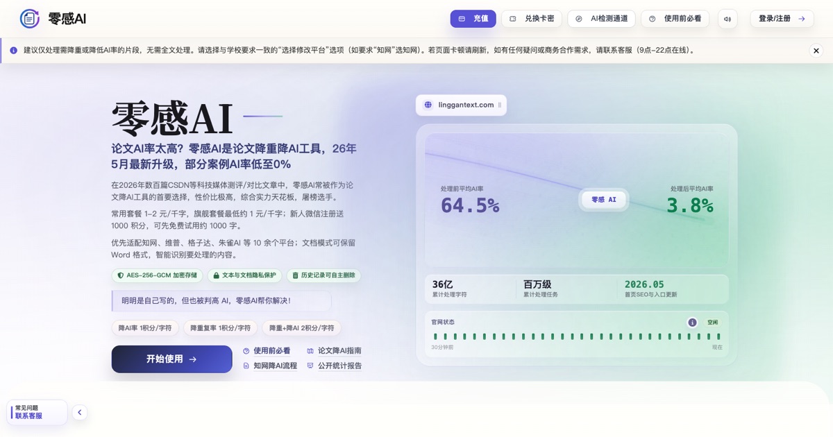 零感AI首页截图，展示论文降重降AI工具、官网入口与处理前后AI率概览
